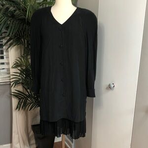 YL by Yair Silk Black Long Sleeve Shift Dress with Pleated Hem